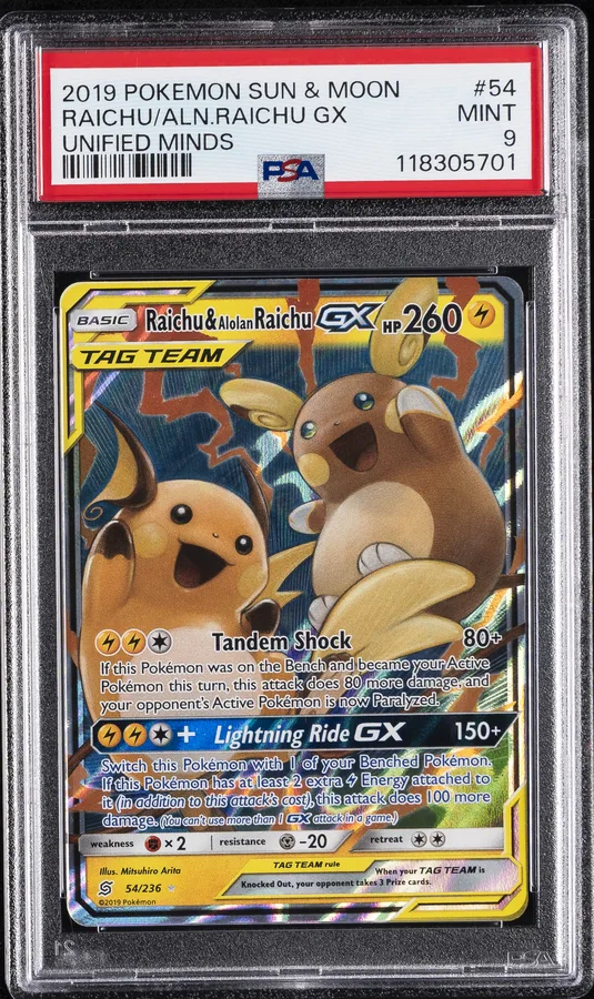 2019 #54 Raichu & Alolan Raichu GX PSA 9 Sun & Moon Unified Minds Pokemon